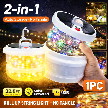 Solar Camping Lantern with Retractable String Lights – 2-in-1 LED Tent Light, 6 Modes, USB-C & Solar Rechargeable, Hand Crank, 10M String Lights, Portable Outdoor Camping Light for Camping, Patio & Emergency