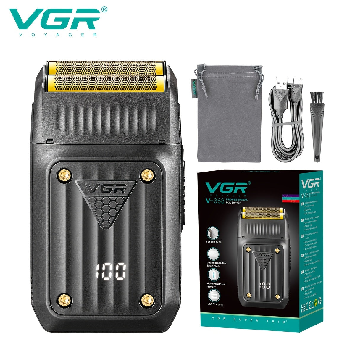 Electric Foil Shaver for Men USB Rechargeable Cordless – VGR Professional Beard Sideburn Trimmer Close Shave Travel-Ready Minimalist Black Design, Great Gift for Him Models V-363 V-375