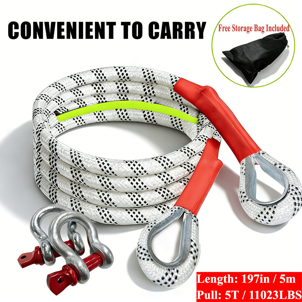 Heavy-duty Tow Rope and Tow Hook Combo Set in 3 Sizes, 196.85-inch Nylon Recovery Rope (5 Ton / 18 Ton / 20 Ton), with 2 Steel U-shaped Hooks and a Storage Bag, Suitable for Truck, SUV, UTV, ATV Off-road Recovery