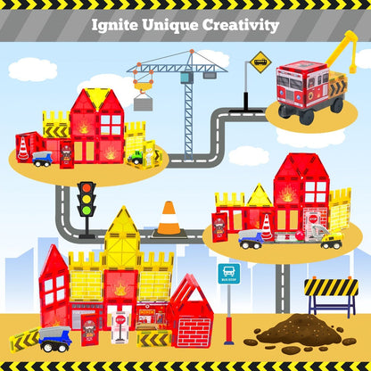 Magnetic Tiles Firefighting Theme Building Set for Kids – Fire Truck Fire Station Roads Crane & Car Toys, STEM Educational Magnetic Blocks for Boys Ages 3 4 5 6, Birthday Gift for Young Builders