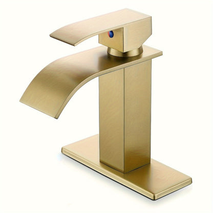 Waterfall Bathroom Sink Faucet, Single Hole or 3-Hole Mixer Tap with 6" Deck Plate, Ceramic Valve, Vanity Faucet for Farmhouse RV Bathroom, Brushed Gold Matte Black Nickel Chrome