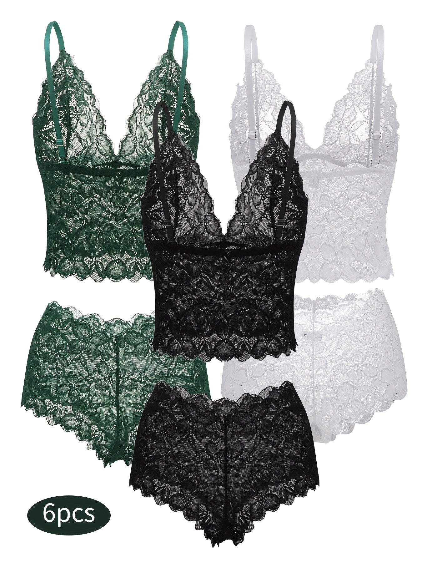 6-Pack Women's Bra and Panty Lingerie Set - Floral Lace Coordinated Style