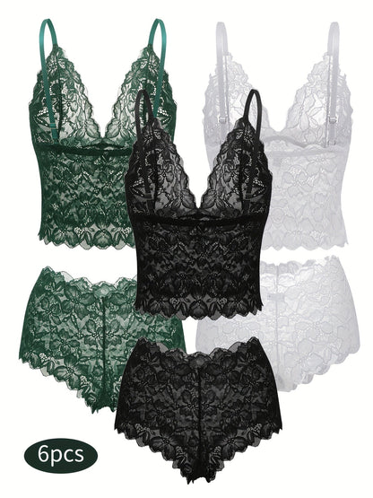 6-Pack Women's Bra and Panty Lingerie Set - Floral Lace Coordinated Style