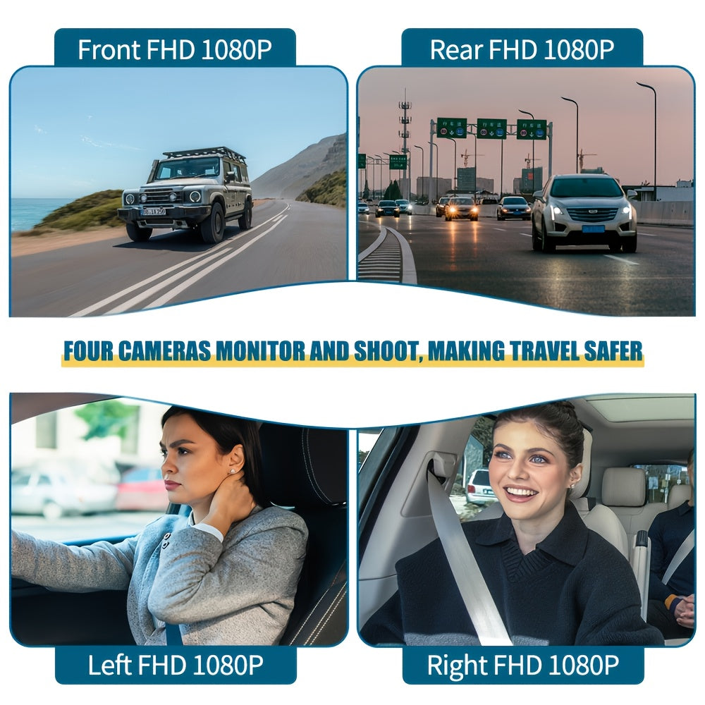 4-Channel Car Dash Cam with 4*1080P Resolution, Featuring Front, Rear, Left, And Right Cameras, Integrated Wifi, Continuous Recording, G-Sensor, Excellent Night Vision, And Includes a Free 32GB Memory Card