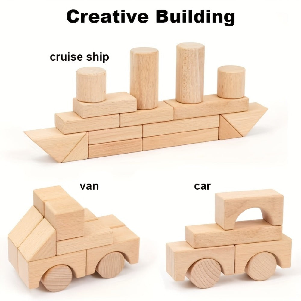 Natural Beech Wood Blocks 100 Piece Unpainted Solid Wooden Building Set – STEM Logical Thinking Toy for Kids Ages 3-12, Castle Stacking Sorting Educational Gift for Boys & Girls