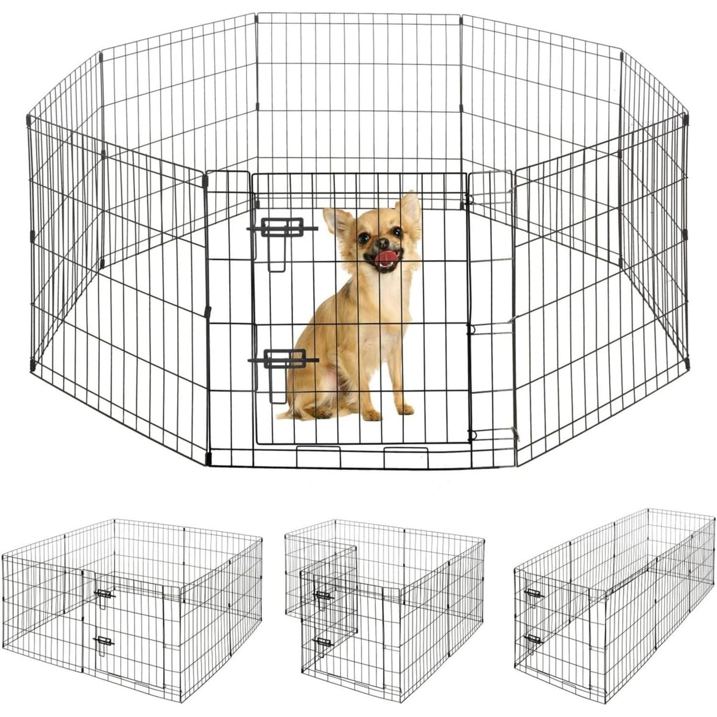 Dog Playpen 8 Panel Foldable Metal Pet Fence with Gate | Heavy-Duty Indoor Outdoor Exercise Pen for Small Dogs & Animals | Portable Kennel Cage | 24 Inch | Multiple Configurations Rectangle Octagon