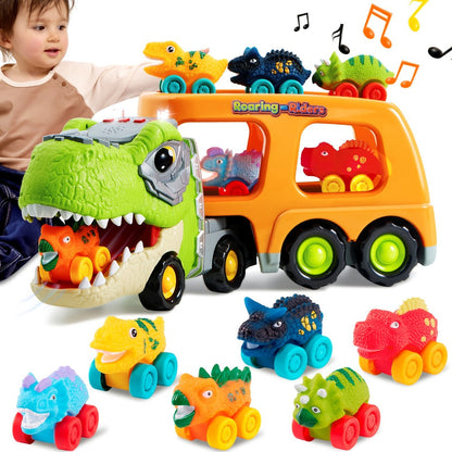 T-Rex Carrier Truck Toy with 6 Mini Rubber Dinosaur Cars LED Lights & Roaring Sound – Sliding Ramp Launch Two-Level Storage Transport Vehicle for Toddlers Kids Ages 2-6 Birthday Gift Boys Girls