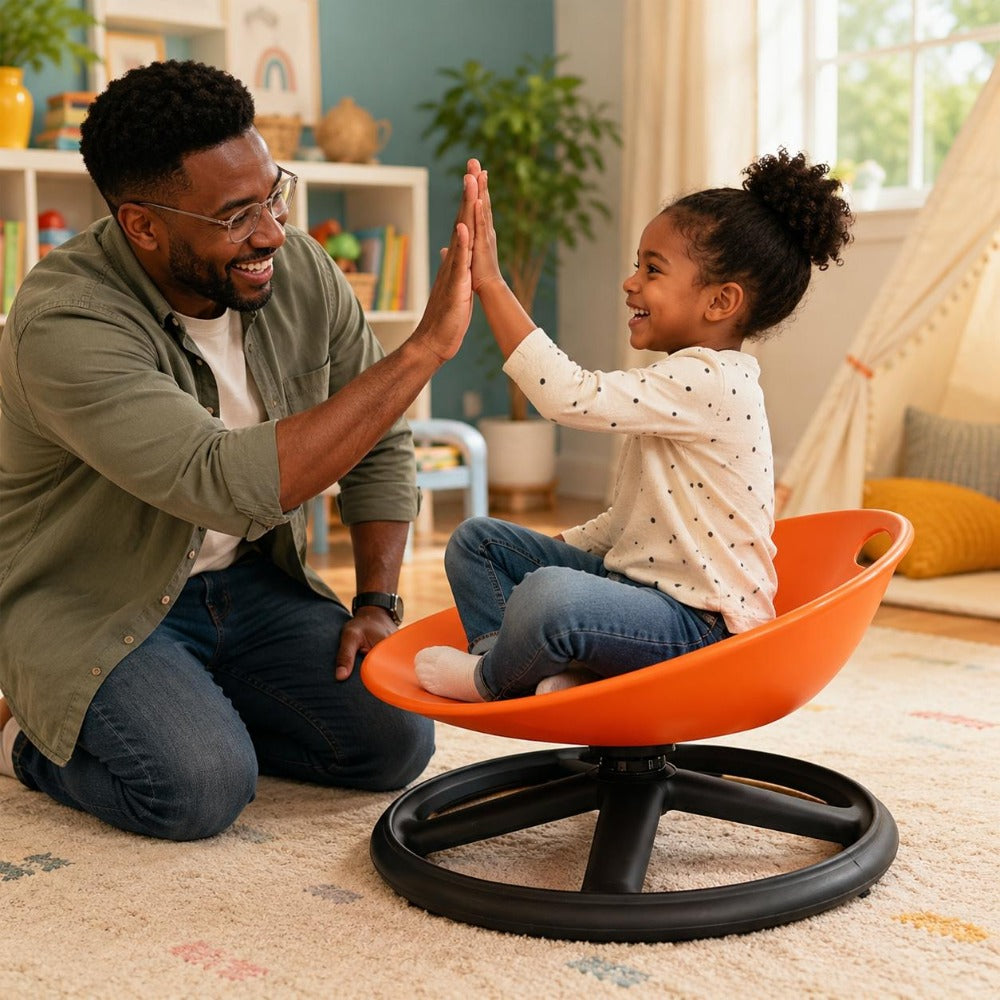 Sensory Spinning Chair for Kids, Autism & ADHD Therapy Spin Seat, Durable Plastic & Metal, Enhances Coordination & Attention, Indoor Outdoor Use, Orange & Blue