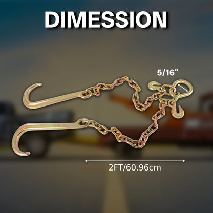 Grade 70 Tow Chain with J Hooks - 5/16" x 2ft Heavy Duty Trailer Chain Set with V-Chain Grab Hooks, 6000 lb Capacity, Anti-Rust 20Mn2 Steel for Flatbed, Towing & Cargo