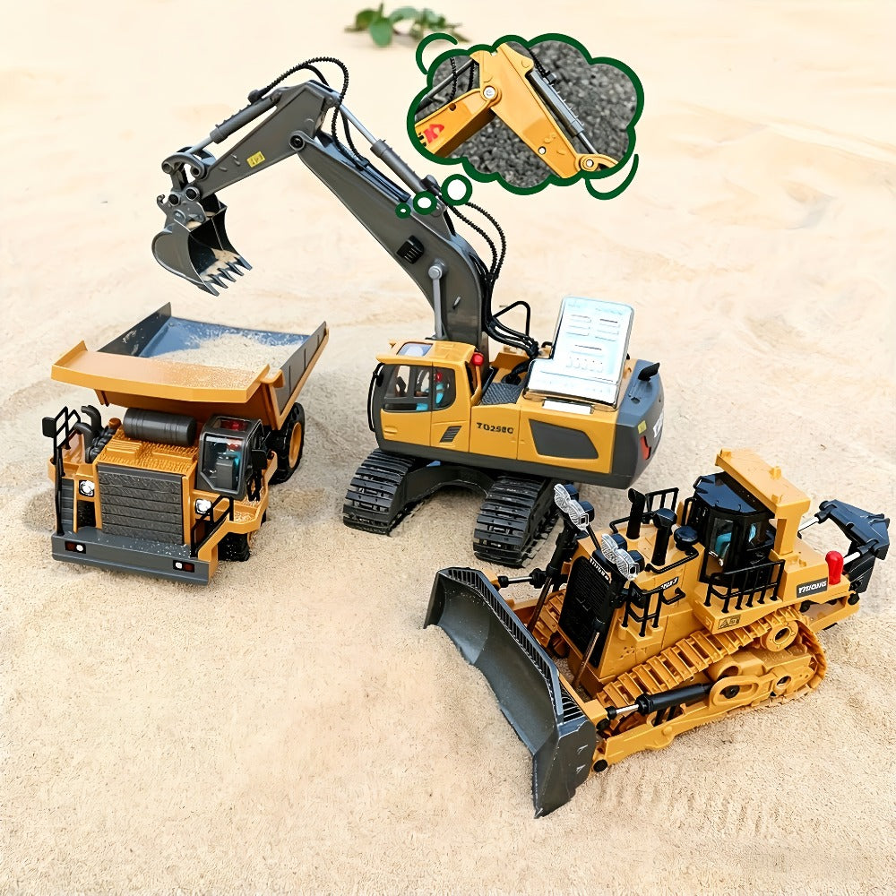 RC Construction Vehicle Set 2-in-1 & 3-in-1 – 2.4G 11-Channel Remote Control Excavator Dump Truck Forklift Bulldozer, Alloy & Plastic Engineering Toy Car Kit for Kids Boys, Birthday Christmas Gift
