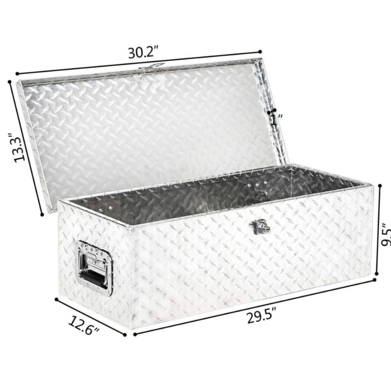Aluminum truck toolbox with T-shaped handle lock and key, made of aluminum alloy, suitable for storage and organization of trailers, pickups, truck beds, four-wheel drive vehicles, all-terrain vehicles and campers. Black version.