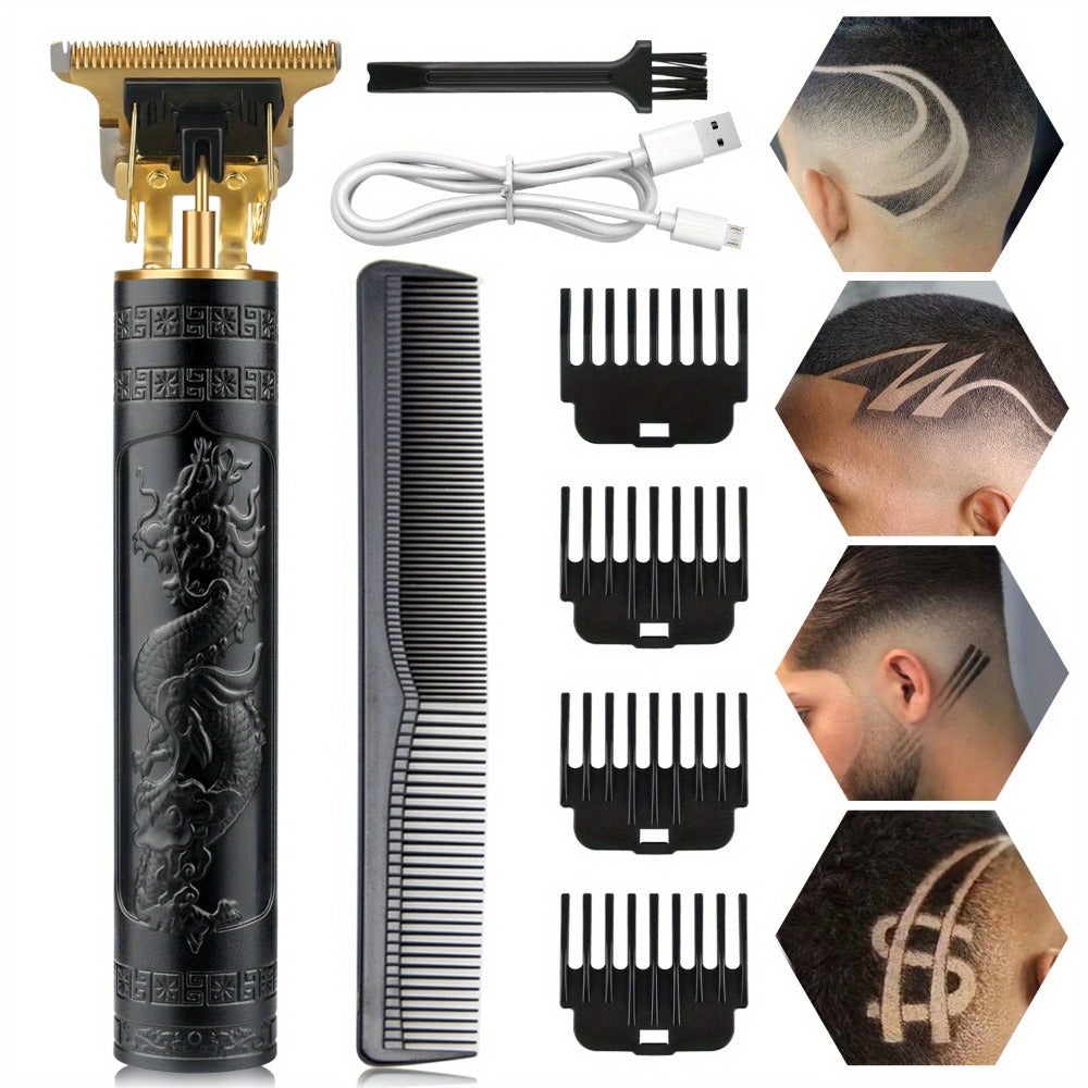 T-Blade Hair Trimmer for Men - Retro Electric Clipper, USB Rechargeable 1000mAh, 240-Min Runtime, 4 Guide Combs, Dragon & Buddha Designs, Black Bronze Blue Purple