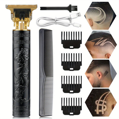 T-Blade Hair Trimmer for Men - Retro Electric Clipper, USB Rechargeable 1000mAh, 240-Min Runtime, 4 Guide Combs, Dragon & Buddha Designs, Black Bronze Blue Purple