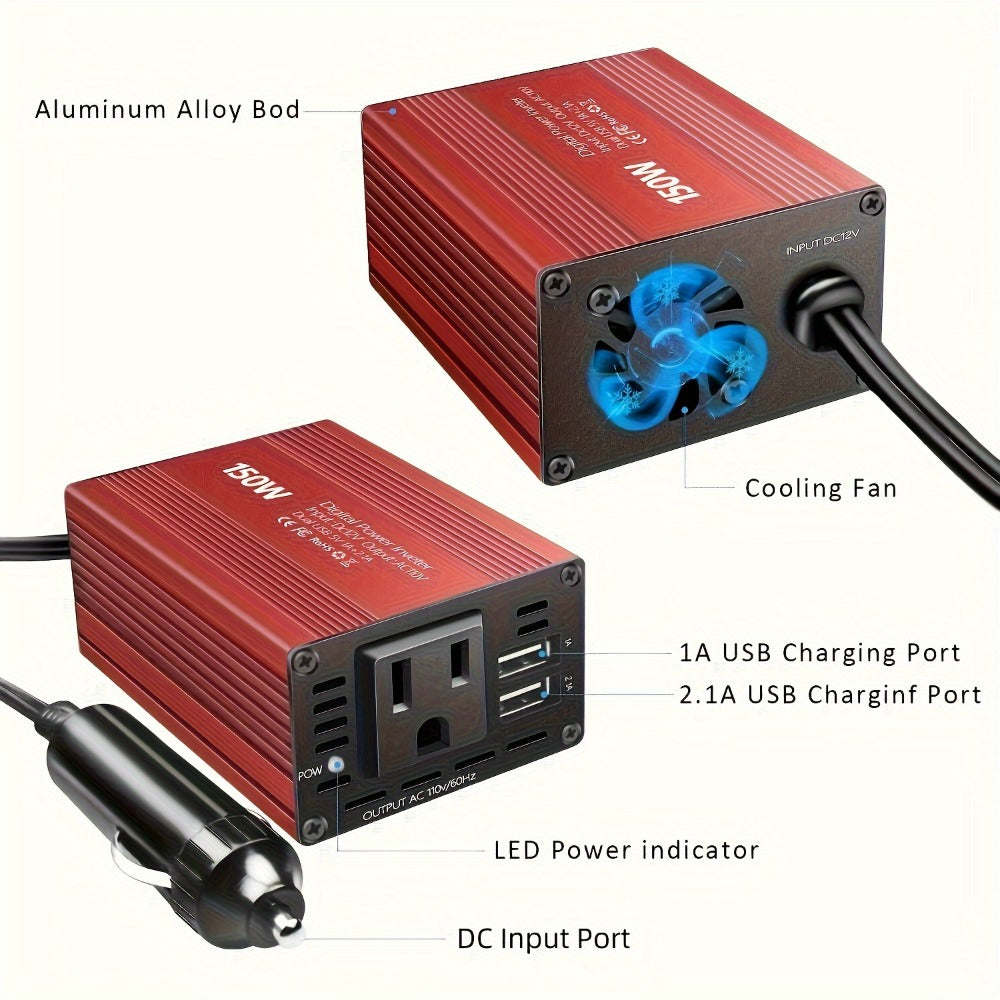 Car Power Inverter 150W – 12V DC to 110V AC Converter with Dual USB 3.1A Ports & AC Outlet for Laptop Tablet Phone Charging in Vehicle