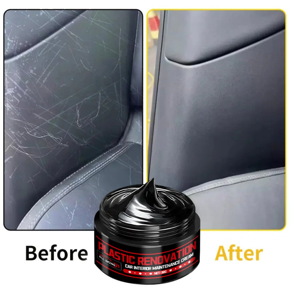 Car Plastic Restorer & Black Interior Trim Polish - Scratch Repair Paste, Anti-Aging Refurbishment Wax for Dashboard, Bumper, Tire Shine & Leather Seat Care, Works on All Car Interiors & Exteriors (30g + Sponge)
