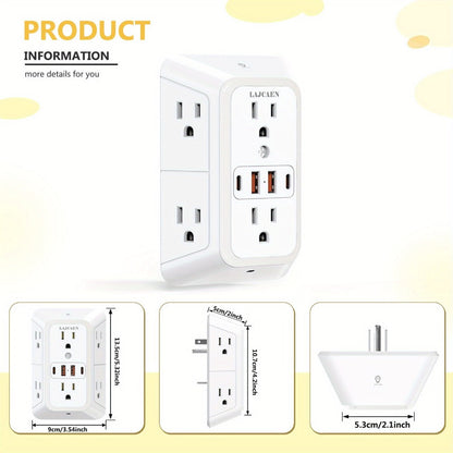 Outlet Splitter Wall Expander 10-in-1 with 6 AC Outlets 2 USB-A 2 USB-C Ports 3-Sided Plug Extender Surge Protector Night Light Compact Space-Saving Design for Home Dorm Apartment Office