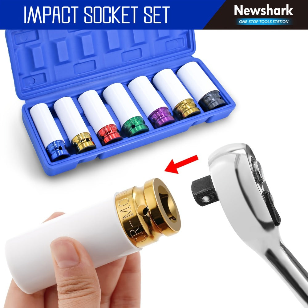 Lug Nut Socket Set 7-Piece 1/2" Drive – Metric 17/19/21/22/23/24/27mm Thin Wall Impact Wheel Sockets with White Protective Covers for Car, Truck & SUV Tire Changes