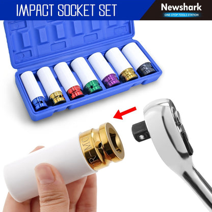 Lug Nut Socket Set 7-Piece 1/2" Drive – Metric 17/19/21/22/23/24/27mm Thin Wall Impact Wheel Sockets with White Protective Covers for Car, Truck & SUV Tire Changes