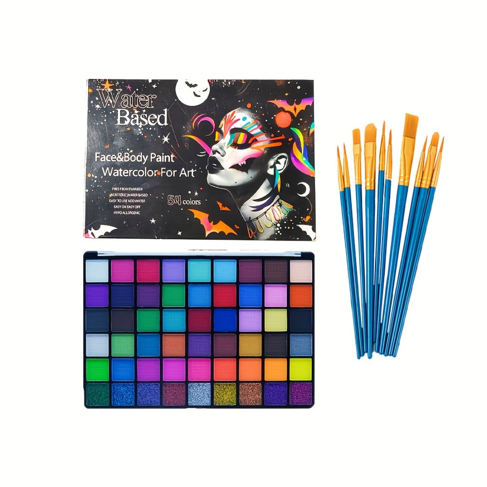 54 Color Face & Body Paint Kit with UV Fluorescent, Matte & Glitter Shades — Pattern Templates, Brushes & Tattoo Stickers for Sports, Cheerleading, Halloween, Festivals & Parties