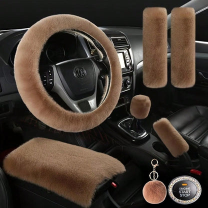 8pcs Set Combination Pink Goddess Plush Car Steering Wheel Cover Rex Rabbit Fur Fluffy Steering Wheel Cover, Purple Car Accesaories