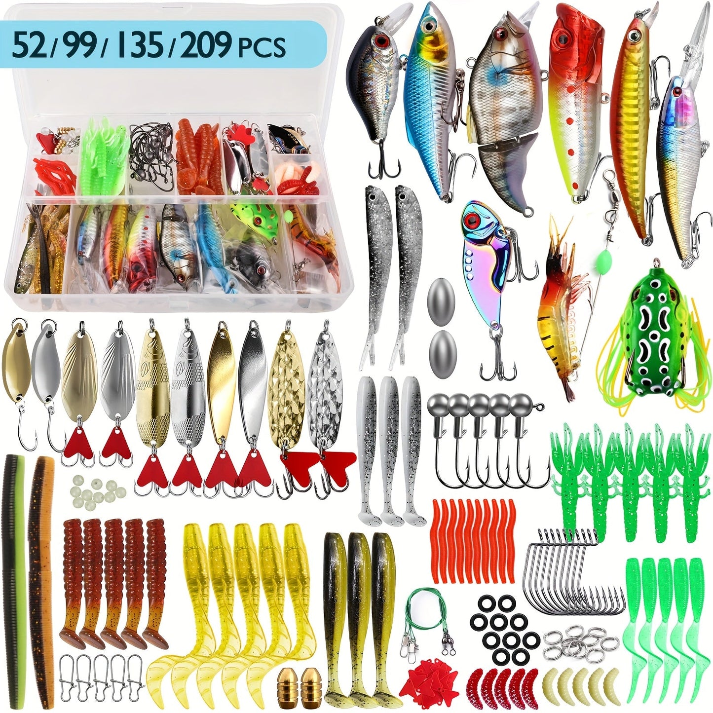 Fishing Lures Tackle Box Kit 52–360pcs – Animated Lures, Crankbaits, Spinnerbaits, Soft Plastic Worms & Topwater Lures for Bass, Trout, Salmon – Saltwater & Freshwater