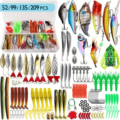 Fishing Lures Tackle Box Kit 52–360pcs – Animated Lures, Crankbaits, Spinnerbaits, Soft Plastic Worms & Topwater Lures for Bass, Trout, Salmon – Saltwater & Freshwater