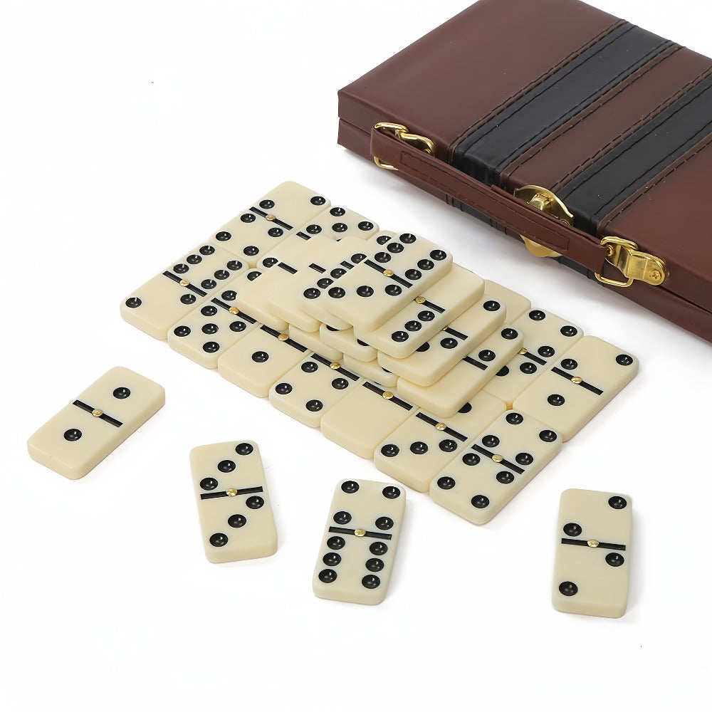 Domino Set 28 Tiles Classic Black with Leather Case – Durable Plastic Dominoes Portable Storage Box for Family Games Party Group Play, Holiday Christmas Thanksgiving Gift