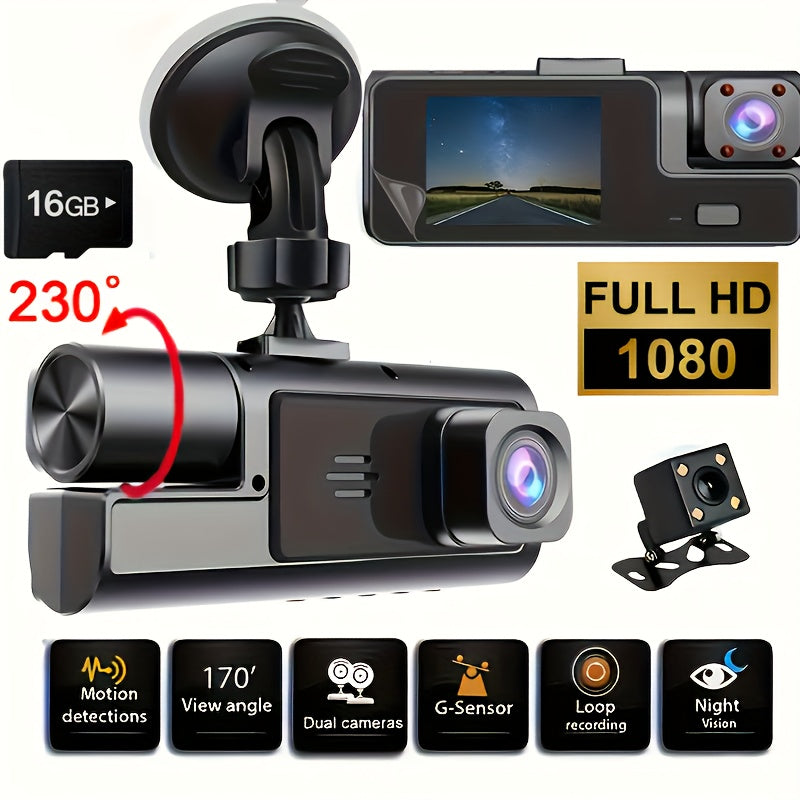 1080P Triple Camera Dash Cam, Dash Camera For Cars, Car Camera With IR Night Vision, 170°Wide Angle Car DVR Camera, 16GB/32GB TF Card Optional, Loop Recording, G-Sensor |2Inch IPS Screen Dual Lens Car Dashboard Video Cam, 24H Park Mode