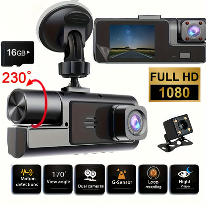 1080P Triple Camera Dash Cam, Dash Camera For Cars, Car Camera With IR Night Vision, 170°Wide Angle Car DVR Camera, 16GB/32GB TF Card Optional, Loop Recording, G-Sensor |2Inch IPS Screen Dual Lens Car Dashboard Video Cam, 24H Park Mode