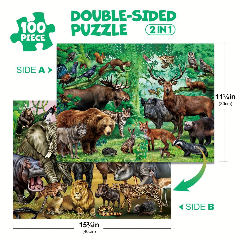 Double Sided Puzzle for Kids 100 Pieces Jungle Animals – 2-in-1 Jigsaw Educational Toy for Boys & Girls Ages 3 4 5 6 7 8, Fun Learning Activity, Birthday Christmas Thanksgiving Easter Gift
