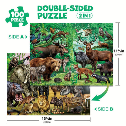 Double Sided Puzzle for Kids 100 Pieces Jungle Animals – 2-in-1 Jigsaw Educational Toy for Boys & Girls Ages 3 4 5 6 7 8, Fun Learning Activity, Birthday Christmas Thanksgiving Easter Gift