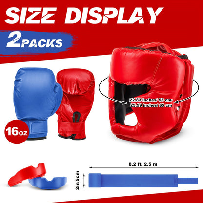 Boxing Kit Set 14pcs – 2 Pairs 16oz Boxing Gloves, Headgear, Hand Wraps & Mouthguards for Adults & Youth Beginners – Complete Boxing Training Equipment for Men Women Teens