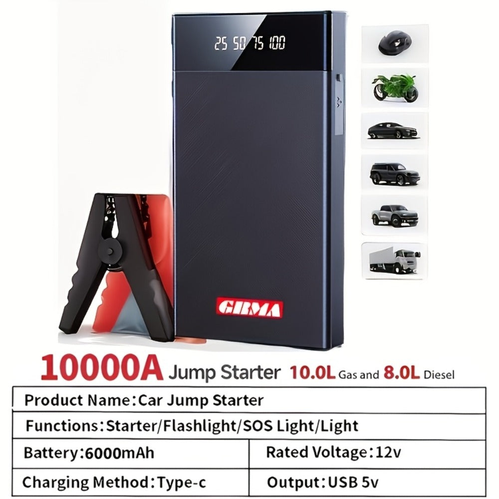 Portable Car Jump Starter 12V – Peak Power Battery Booster Pack for 8.0L Gas & Diesel Engines, USB Charging & LED Emergency Light, Roadside Car Starter Kit