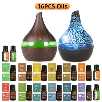 2-Pack Cool Mist Humidifier & Aromatherapy Essential Oil Diffuser – Includes 16 Essential Oils & 7-Color Lights, 10.14oz Home Diffuser Set for Bedroom, Living Room & Office, Black