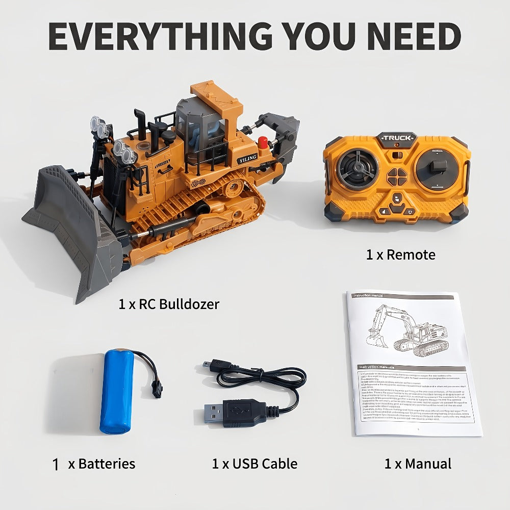 RC Bulldozer 1:24 Scale Alloy with 680° Rotation & Working Arm – 2.4GHz Remote Control Construction Vehicle for Kids, Outdoor Sand & Grass All-Terrain Play, Birthday Christmas Gift for Boys Ages 6+
