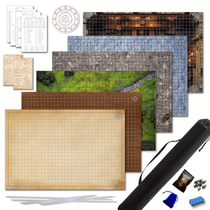 DnD Beginner Set 6 Double-Sided Terrain Maps 24x36 with Mystery Dice, Character Sheets, Cheat Sheets, Spell AOE Template – Complete Dungeons and Dragons RPG Starter Kit for New Players
