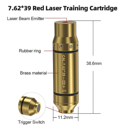 Dry Fire Laser Training Cartridge Multi-Caliber – 9mm 45ACP 223Rem 380ACP 357Sig 308Win 12GA 40Cal 6.5mm 7.62x39 | H59 Brass | Class IIIA Red Laser | Aperture Aiming | Batteries Included
