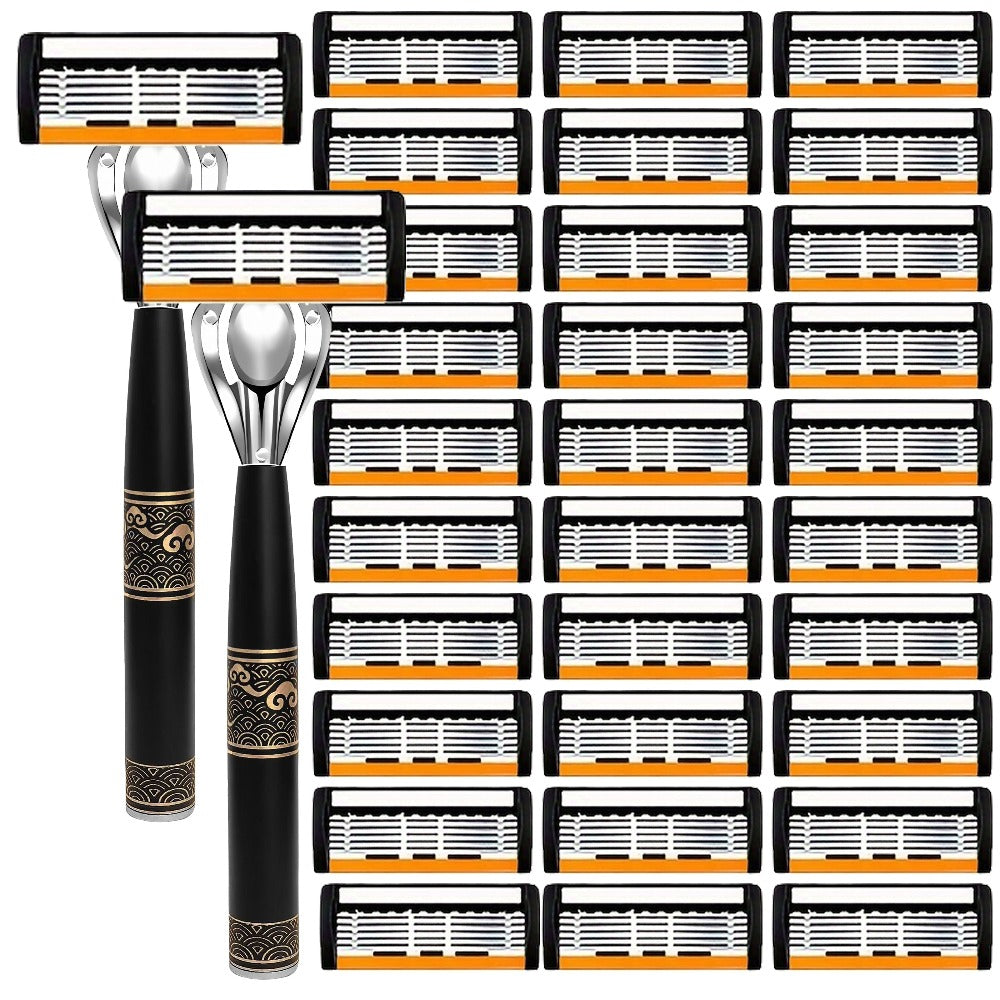 Men's Razor 6-Layer Blade Refill Kit with Handle Smooth Precise Shaving - Multiple Options 6 12 24 30 36 Blades Cartridge Razor Anti-Irritation Close Shave Grooming Gift for Men
