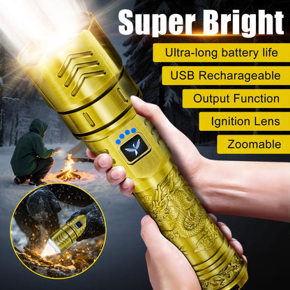 Rechargeable Flashlight 4000mAh - 1000 Lumen Dragon Pattern LED Torch, Zoomable Beam, Fire Starter Lens, 4 Modes, Aluminum Alloy for Camping, Outdoor & Emergency Use