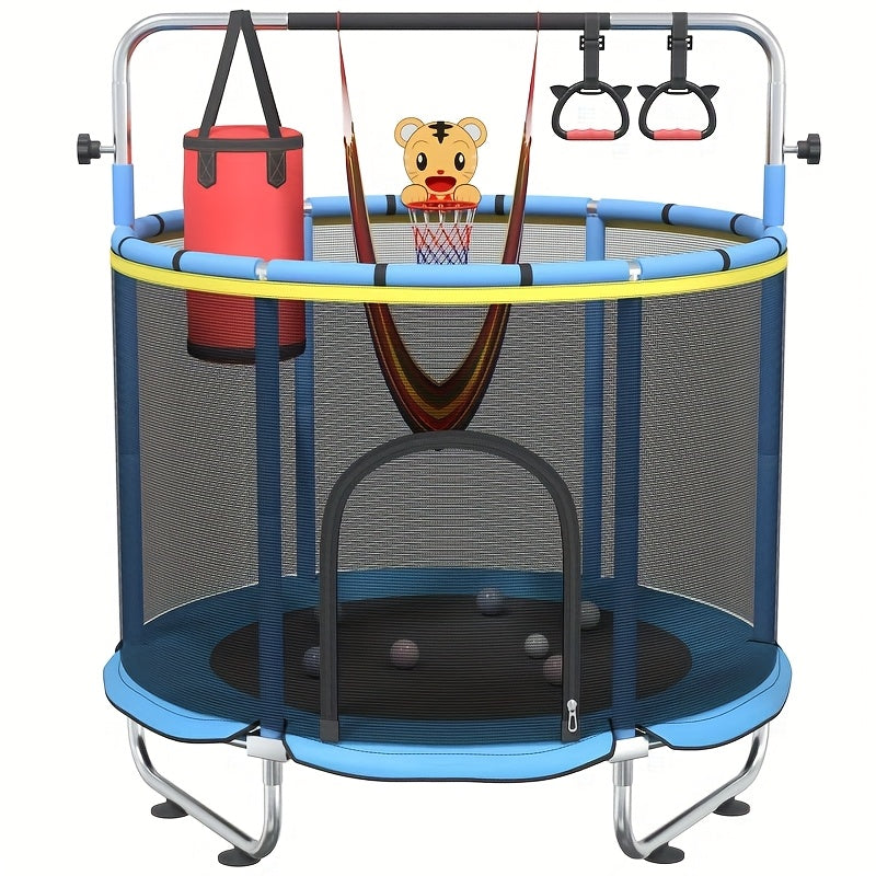 60 Inch Trampoline with Enclosure and Gymnastics Bar – 440 Lbs Capacity Height Adjustable Indoor Outdoor Round Trampoline with Toys for Kids | Best Birthday Gift for Boys and Girls