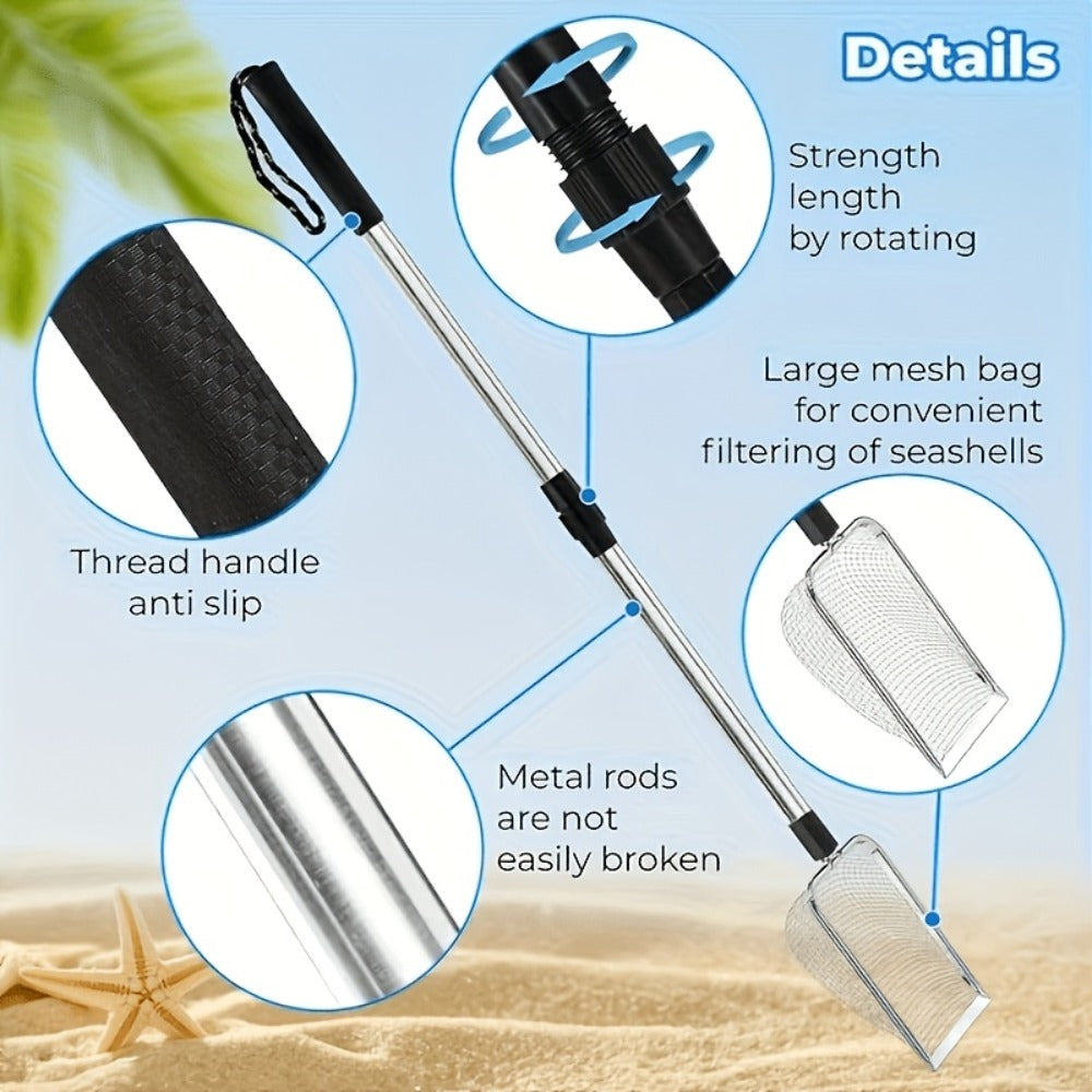 Stainless Steel Beach Sand Sifter with Retractable Telescopic Handle – Portable Sand Sieve for Treasure Hunting, Shell & Conch Collecting | Beach Tool for Kids & Adults, Doubles as Cat Litter Scoop