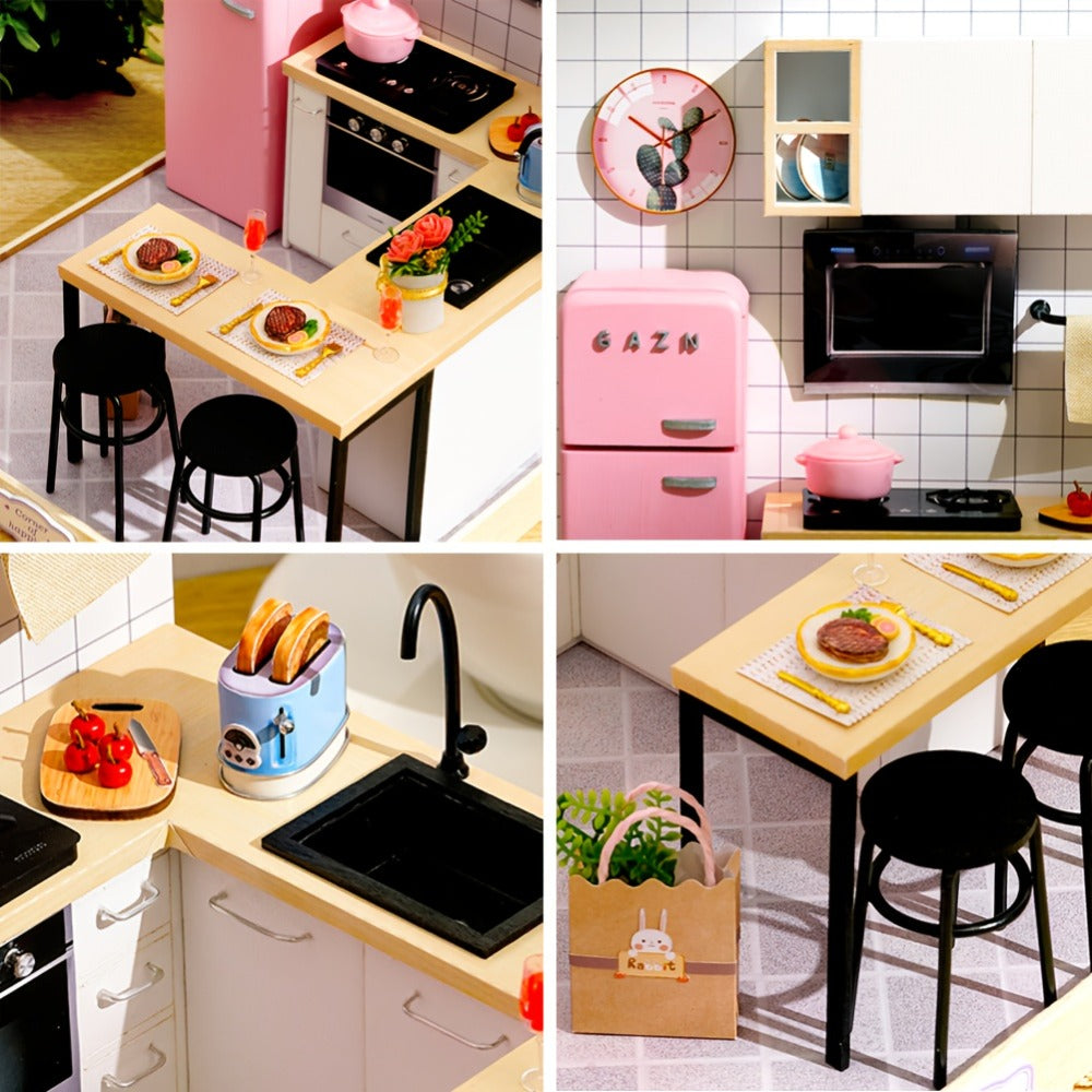 DIY Miniature Dollhouse Kit with Dust Cover Small – Mini House Model No Glue No Batteries, 4 Styles Tea Time Flavor Life Heartbeat Creativity World, Room Desk Decor Birthday Gift for Teens & Adults