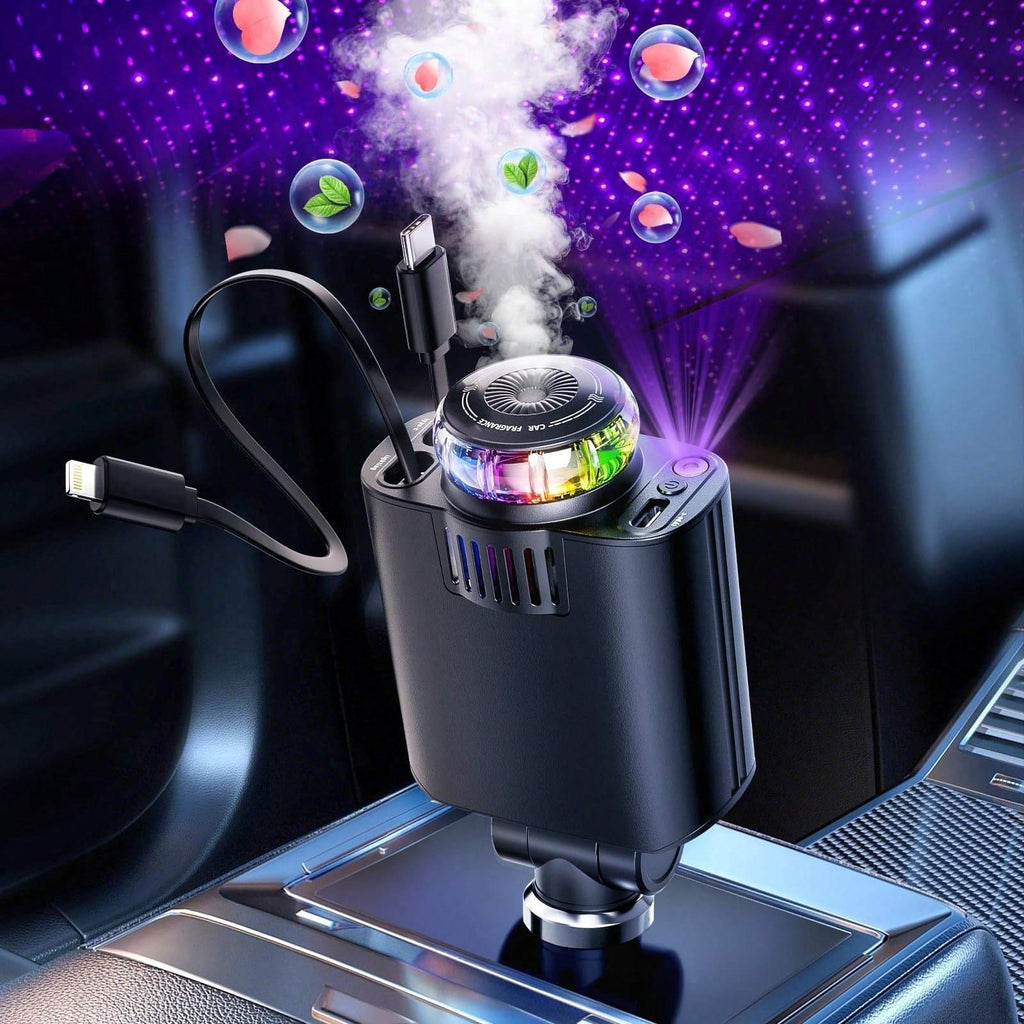 Perfume Is Sold Separately/New AromaRelax Car ChargerBLUE/RED Light, 3-in-1 Retractable Car Charger with Starlight Projector, Fast Charging Car Phone Charger with 2.6ft Retractable Cable And USB-C Port.