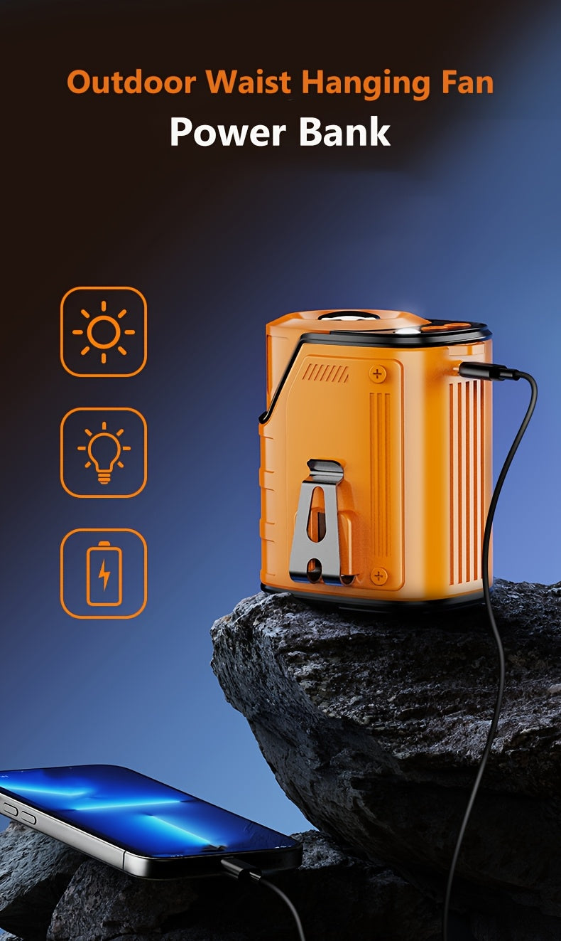 3-In-1 Portable Waist-Hanging Fan, Cooling And Heat Relief Fan for High-Temperature Outdoor Construction Sites, Rechargeable Small Fan with Digital Display, 3600Mah Long Battery, LED Flashlight, Camping Stuff, an Emergency Power Bank