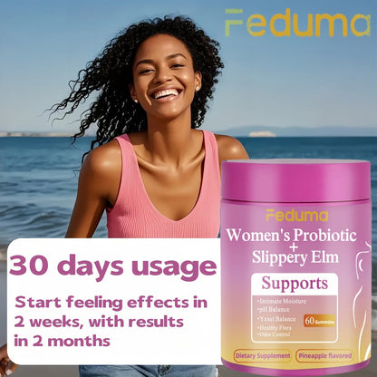 Women's Probiotic Gummies with Slippery Elm for Intimate Moisture Odor Control Healthy Flora – Pineapple Flavor 60 Count Feminine Wellness Supplement Daily Gut Health Support