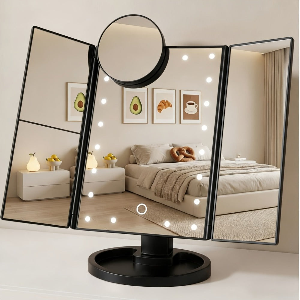 Vanity Mirror with Lights Tri-Fold 21 LED Lighted Makeup Mirror Touch Control 1X 2X 3X 10X Magnification 360 Rotation Dual Power Tabletop Trifold Mirror for Women Gift White Rose Gold