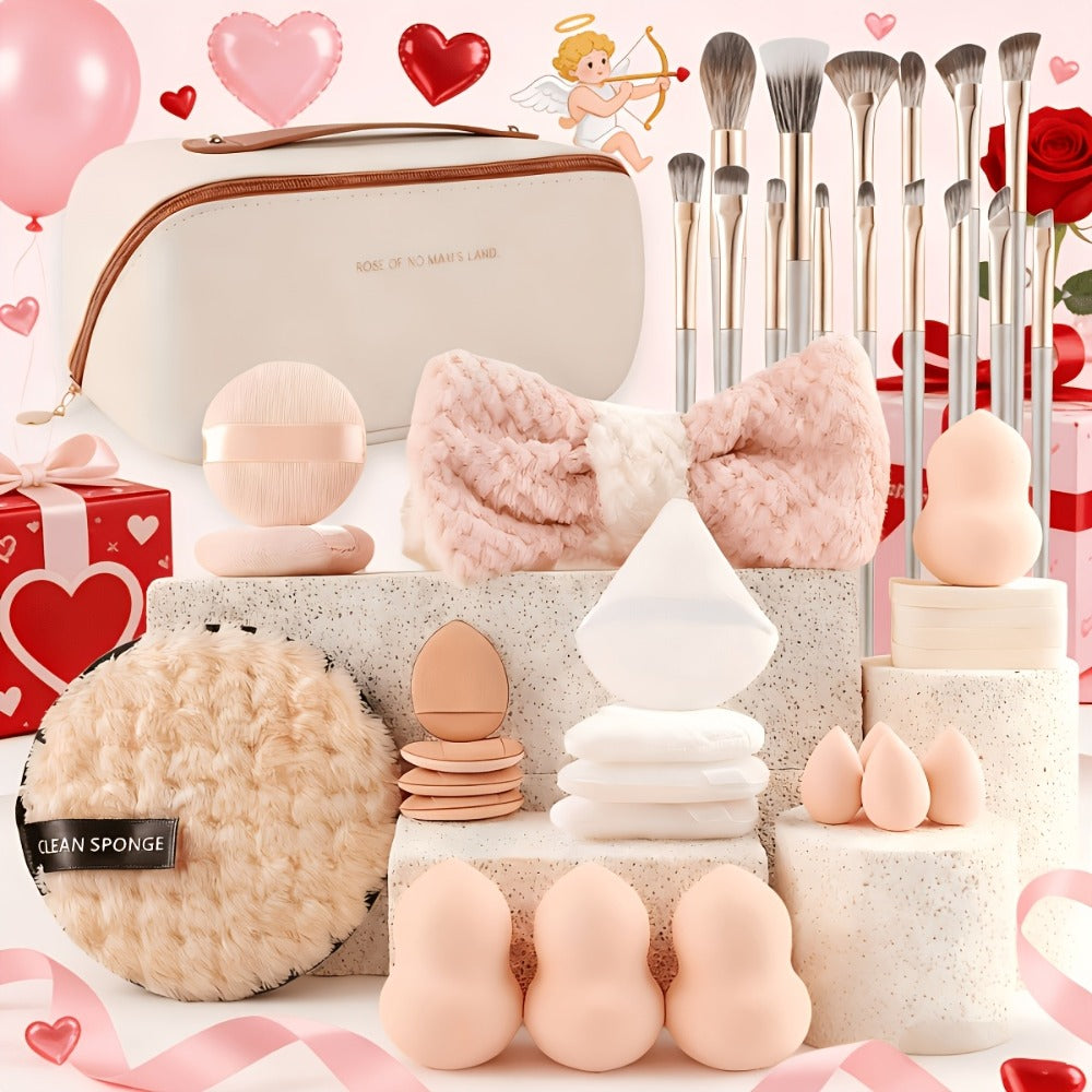 49Pcs Professional Makeup Brush Set Super Soft Nylon Bristles with Expandable Storage Box Concealer Contour Sponge Eyeshadow Powder Highlight Blending Kit Wet Dry Use Women Black Milky White