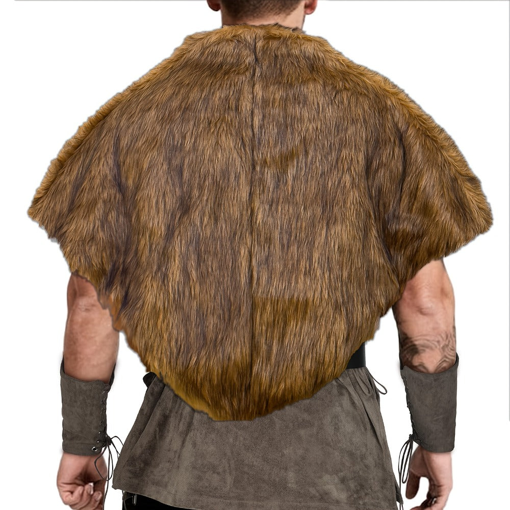 Viking Wolf Fur Cloak & Medieval Mantle with Crossed Chest Straps – Faux Fur Shoulder Wrap for Men & Women, Halloween LARP Cosplay Renaissance Fair Norse Warrior Costume, Brown