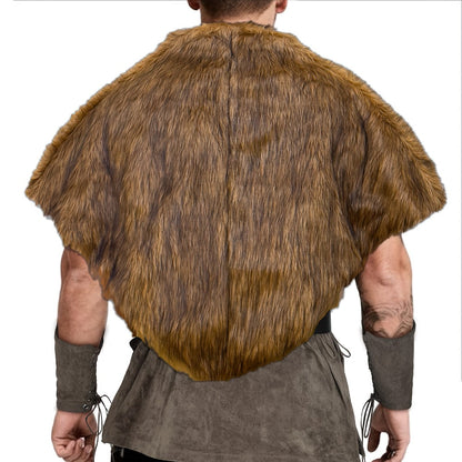Viking Wolf Fur Cloak & Medieval Mantle with Crossed Chest Straps – Faux Fur Shoulder Wrap for Men & Women, Halloween LARP Cosplay Renaissance Fair Norse Warrior Costume, Brown