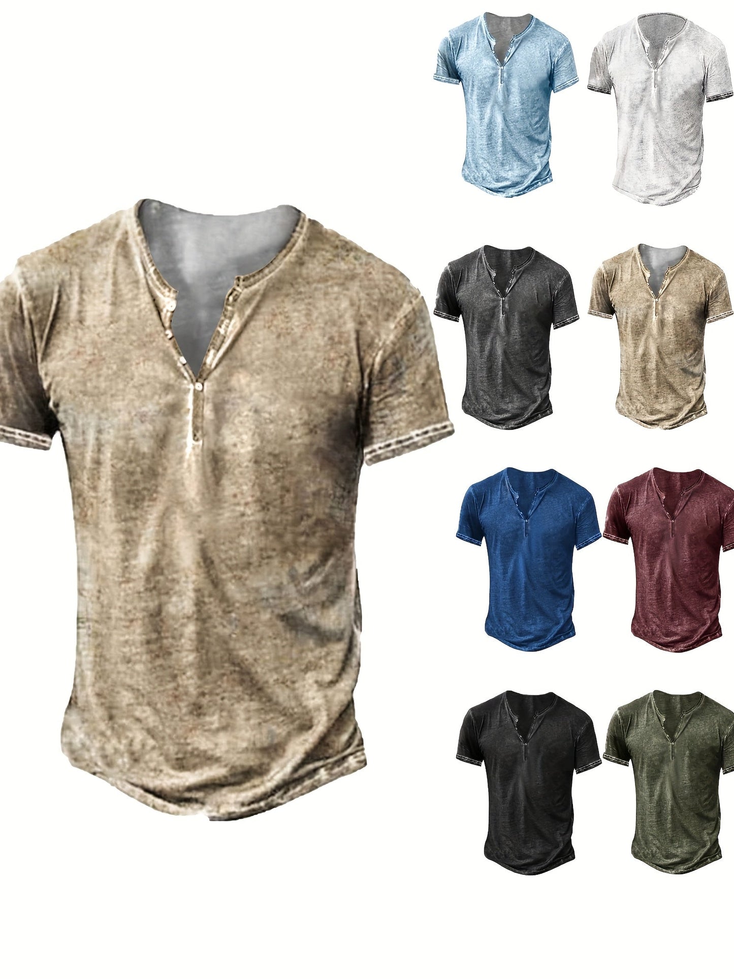 Men's Solid Color Henley Shirt - Collared Short Sleeve 408101